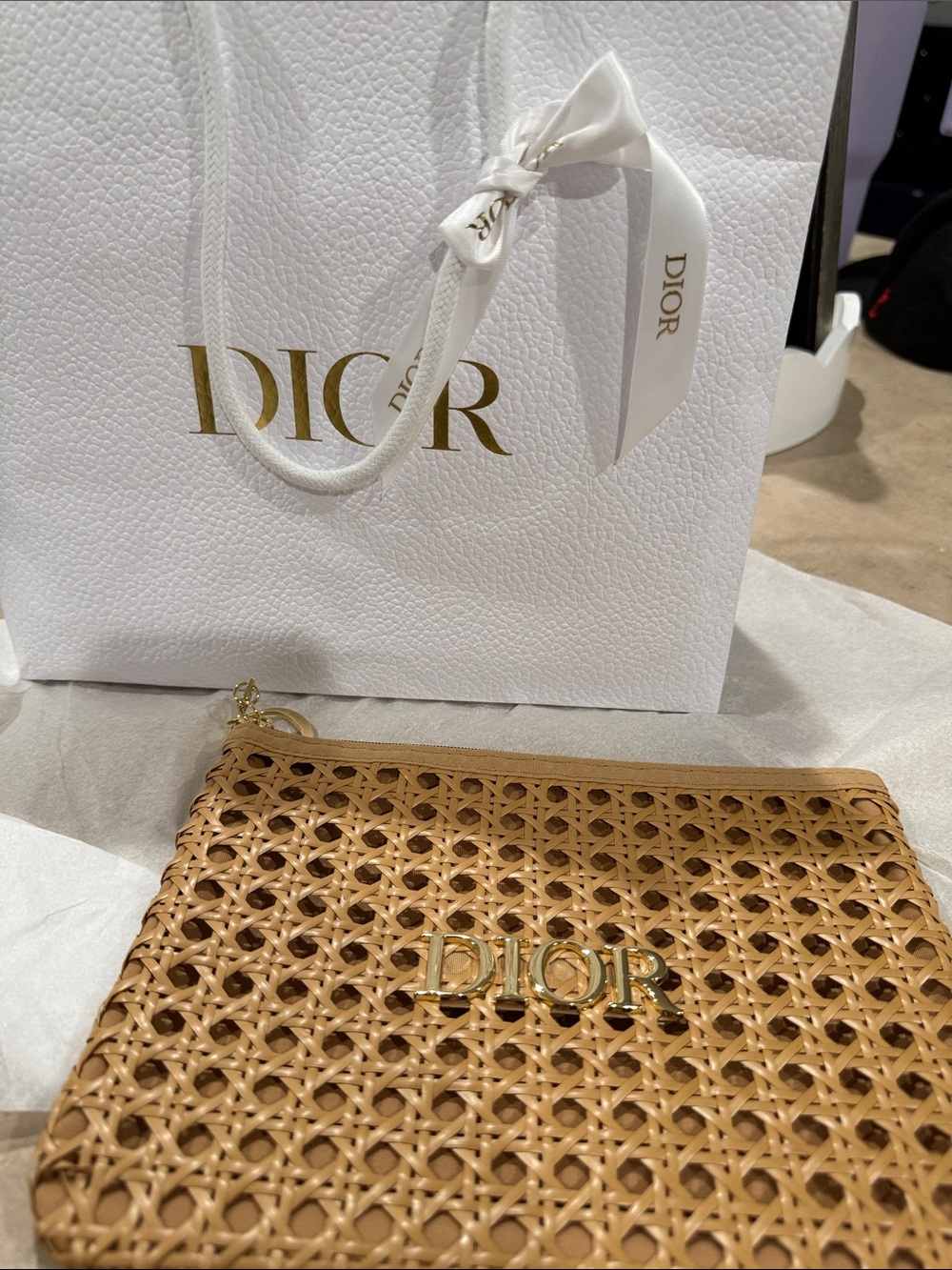 Dior Tan Woven Clutch with Gold DIOR Logo